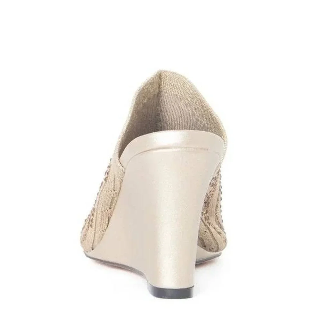 Lauren Lorraine‎ Gold Embellished Knit Open Wedge Heel Shoes Mules  Sz 6 /#S1104
